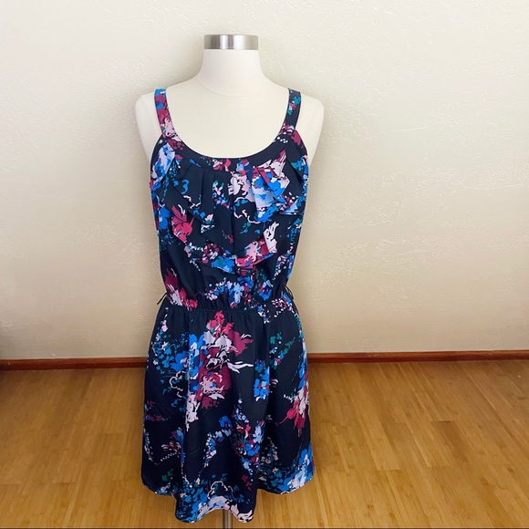 Express Dresses & Skirts - Express Navy Blue Floral Ruffle Front Sheath Dress
